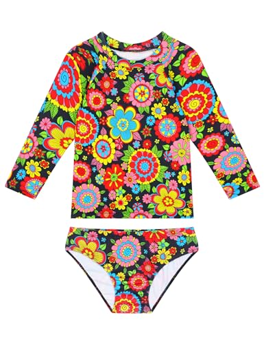 Image of Snowheart Girls Swimsuit Size 4t 5t Colorful Floralrs Long Sleeve Two Pieces Rash Guard Sets Swimwear