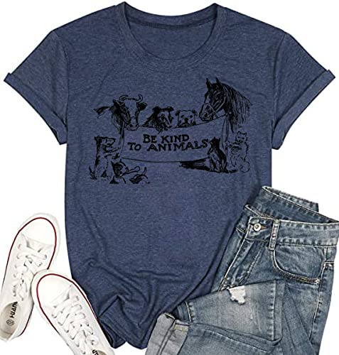 Beopjesk Womens Animal Lover T-Shirt Funny Cute Short Sleeve Animal Graphic Tees Tops(2023-Navy, M)