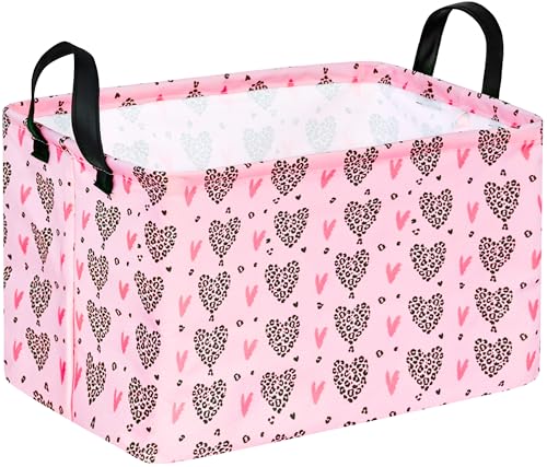 Image of Valentines Basket Rec Heart Print Box Hamper Storage Basket Collapsible Organizer Bin Gift Shelf Baskets for Home and Kitchen Storage