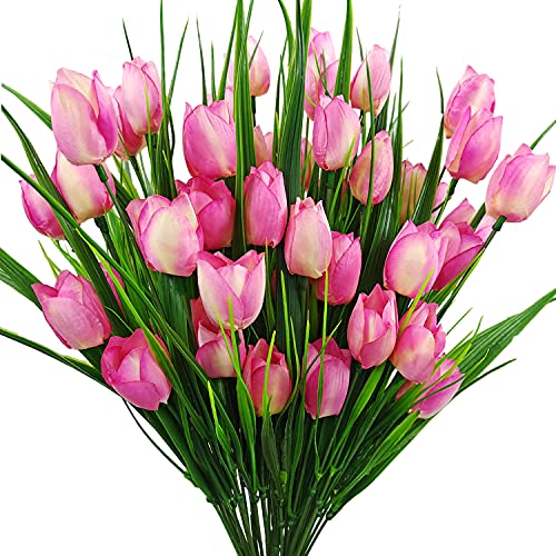Guagb 8 Bundles Outdoor Artificial Tulips Fake Flowers UV Resistant Faux Plastic Greenery...