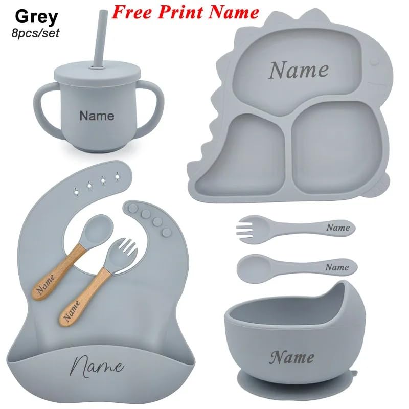 Personalized Baby Name Dinosaur Feeding Set 8Pcs, Custom Name Baby Silicone Weaning Set, Feeding Set With Name BPA Free