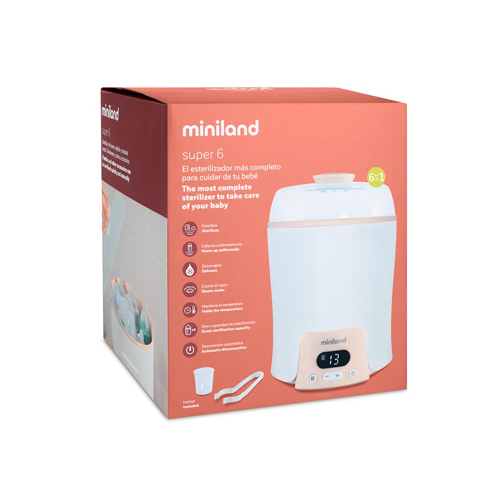 Miniland - Super 6, Calienta Hasta 6 Biberones, Esteriliza Biberones y Potitos, Cocina al Vapor, Descongela, Cuece, Mantiene la Temperatura, 6 En 1 (Beige)