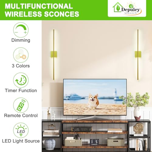 Image of Depuley Battery Operated Wall Sconce: Set of 2 Wireless Wall Lights with Remote for Bedroom - Rechargeable 15 Colors Gold Wall Lamp for Living Room Hallway Home Decor