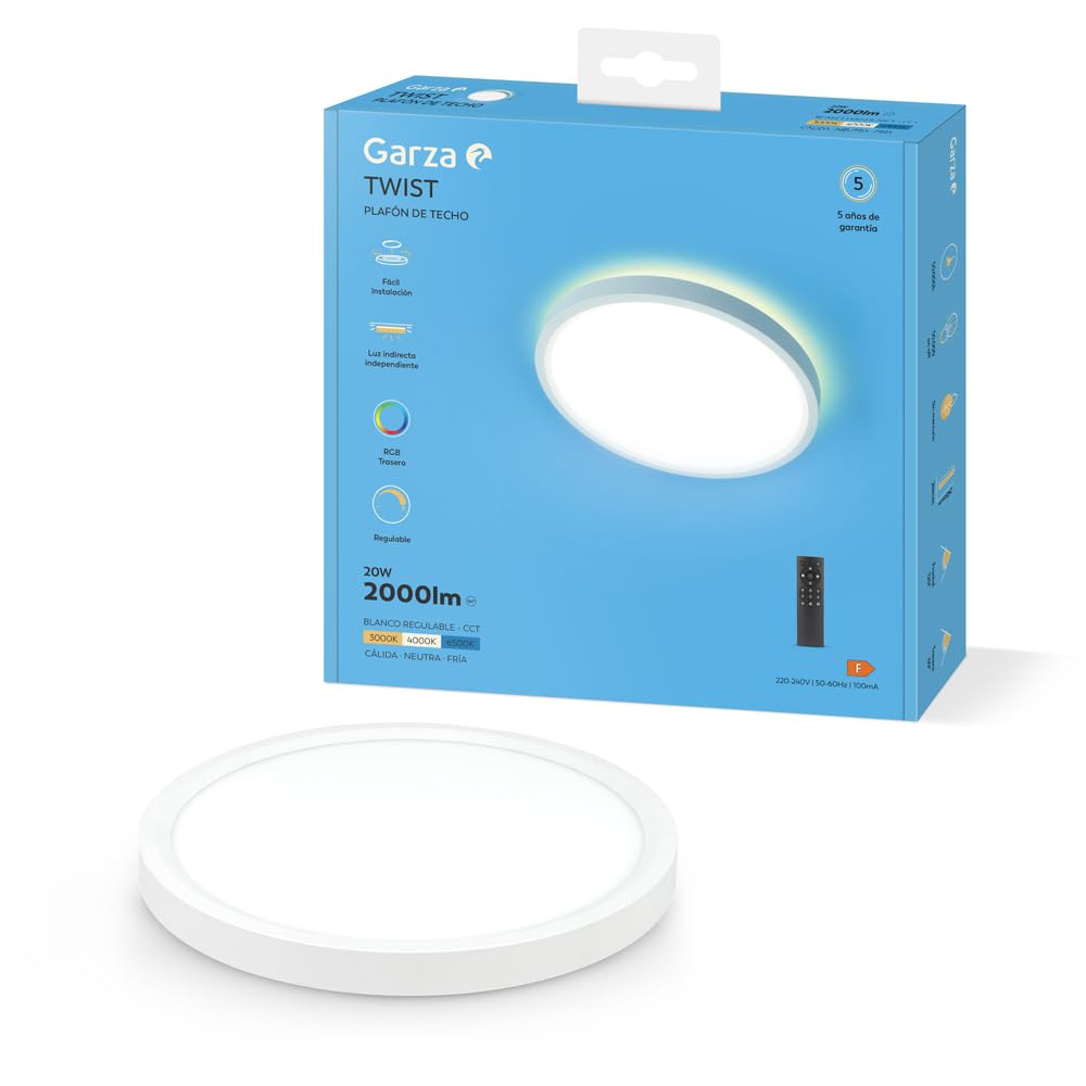 Garza - Plafón LED Techo con Control Remoto y Luz Indirecta Independiente, 20 W 2000 lm, Intensidad y Temperatura de Color Regulables 3000K-6500K, Temporizador de Apagado, Redondo 293 x 24 mm, Blanco
