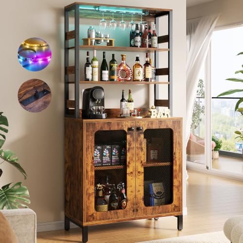Aheaplus Bar Cabinet with Power Outlets, 67' Tall Wine Bar Liquor Cabinet with LED Lights & Glass Holder, Coffee Bars Station for Living Room, Microwave Stand Bakers Rack Cabinets, Rustic Brown