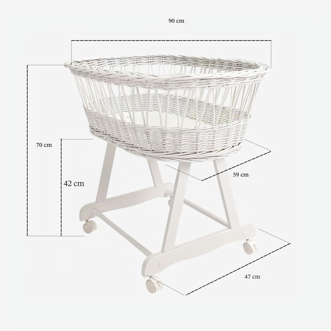 Wiklinopol Couffin Bébé Amelia en Osier avec Support et Matelas – Berceau à roulettes en Blanc – Ensemble 4 Pièces de Linge en Mousseline Blanc – Portable et Idéal pour Nouveau-Né