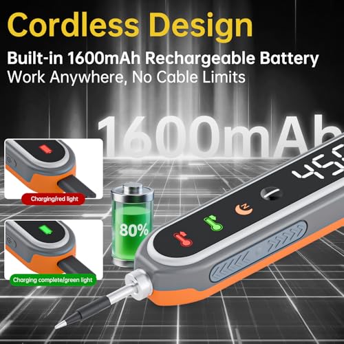 Image of Cordless Soldering Iron Kit, 8s Fast Heat-Up, 1400mAh Rechargeable Battery, Type-C Charging, Adjustable Temp 180~450 ℃, 3 Replaceable Tips, Wireless Soldering Pen for DIY Electronics Repair (Orange)