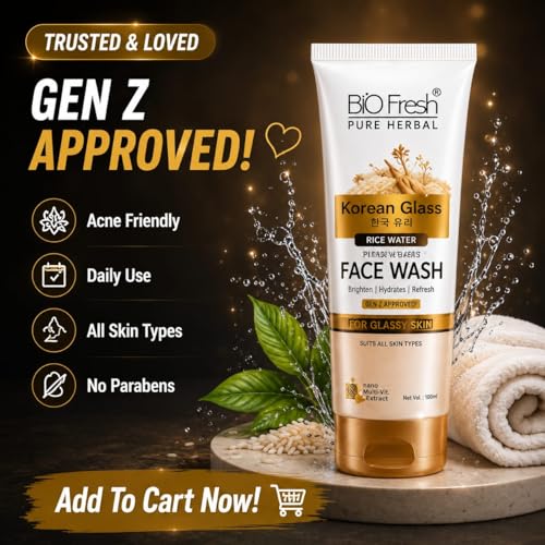 Image of BIOFRESH Pure Herbal Korean Glass Rice Water Face Wash - 100Ml, Ginseng & Fermented Rice Water, Brightening & Hydrating Cleanser for Glassy, Radiant Skin, No Parabens, Nano Multi-Vit Herbal Extract, Suitable for All Skin Types (Pack of 3)