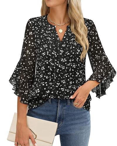Image of Timeson Women's Short Sleeve V Neck Blouses Shirts Floral Double Layers Mesh Tunics Tops