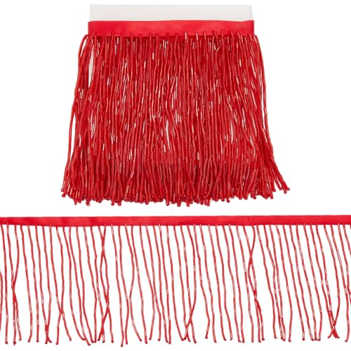 CABODYALS 4.09 Inch Red Beaded Fringe Trim Glass Beads Tassel Wide Sparkle Braid Trimming Ribbon Sparkle Chainette Decorative Polyester Chain for Sewing Making Clothing Accessories Craft Wedding Decor