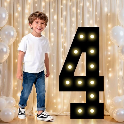 Image of Pooqla 4th Birthday Decorations for Boys, 2.4FT Light Up Numbers | Marquee Numbers Black Party Decorations, Large Lighted Number Gifts for Boys 14th 40th Anniversary Decoration Party Backdrop