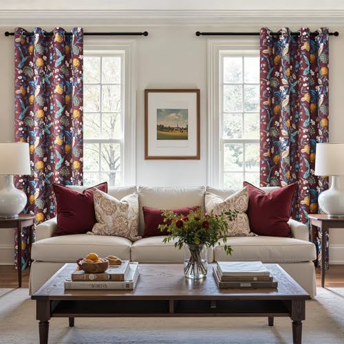 Image of Rust Vintage Floral Curtains 84 Inch Long Luxury Whimsical Euro Flower Lemon Hummingbird Patterned Waverly Mid Century Colorful Blackout Drapes for Living Room Bedroom