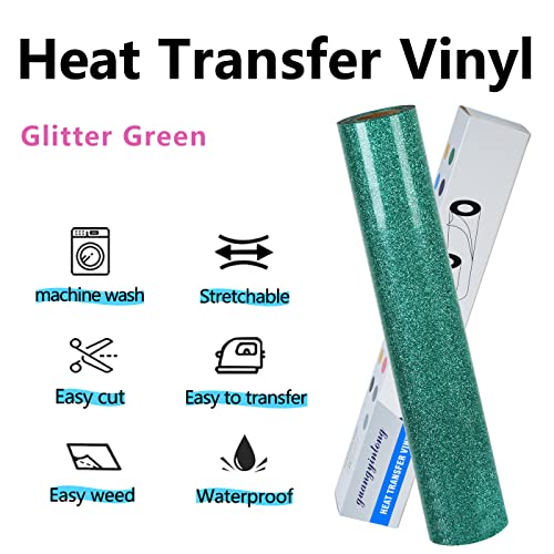 Image of guangyintong HTV Glitter Green Roll, 12''x8ft Iron on Vinyl for T-Shirts, Easy to Cut & Weed for Heat Vinyl Design