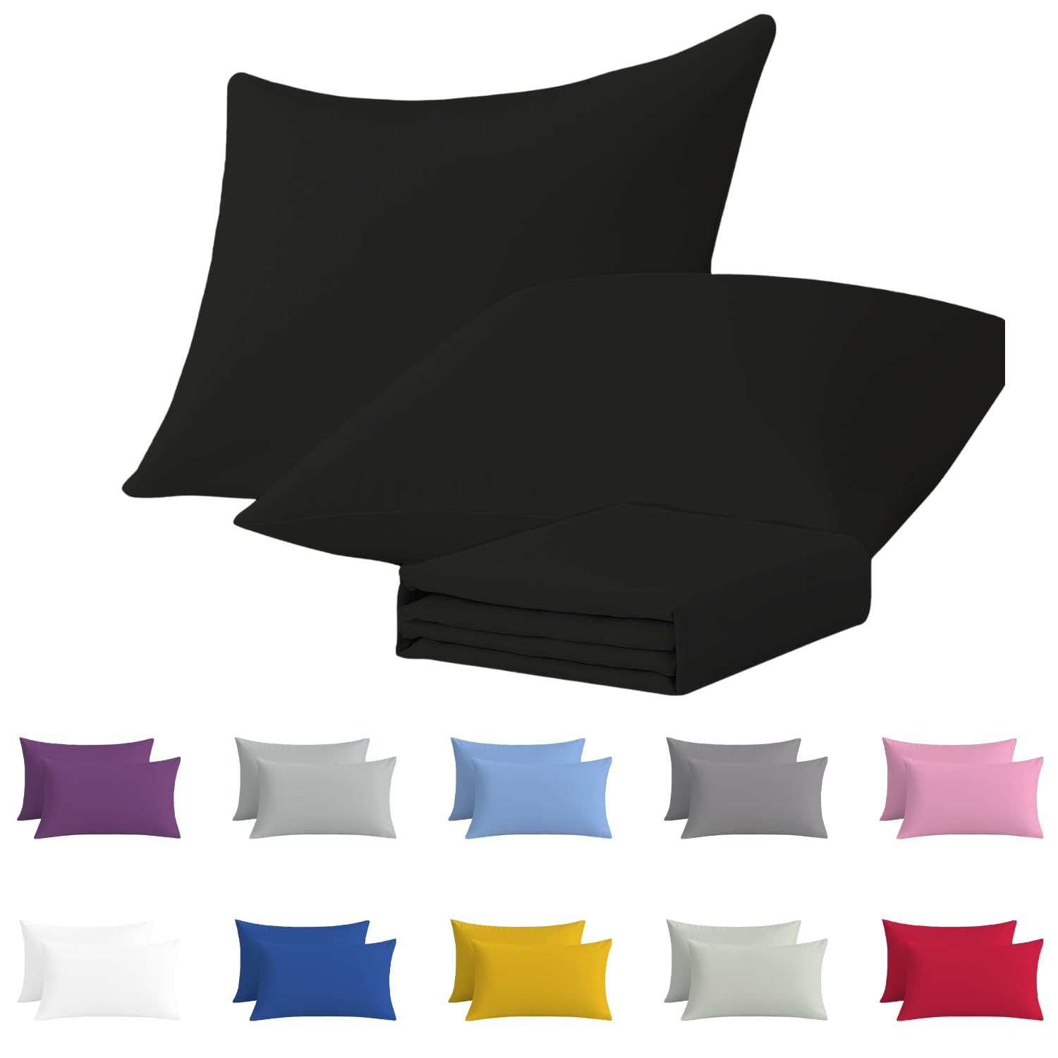 Black Pillow Cases 2 Pack Hotel Quality Poly Cotton Pillowcases Covers (Black, 2 x Pillow Cases)