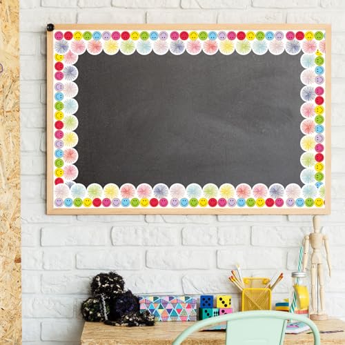 Image of Whaline 32.8 Ft Colorful Happy Face Scalloped Bulletin Board Borders Back to School Smile Face Firework Die-Cut Rolled Border Trim for Classroom Office Chalkboard Decoration