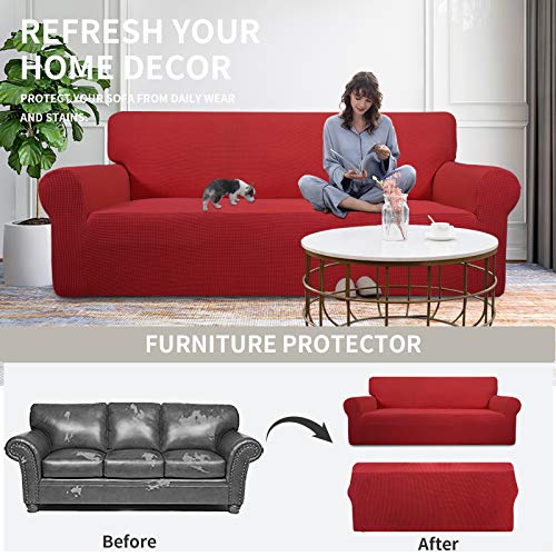 Image of Easy-Going Stretch Oversized Loveseat Slipcover 1-Piece Sofa Cover Furniture Protector Couch Soft with Elastic Bottom for Kids Polyester Spandex Jacquard Fabric Small Checks Christmas Red