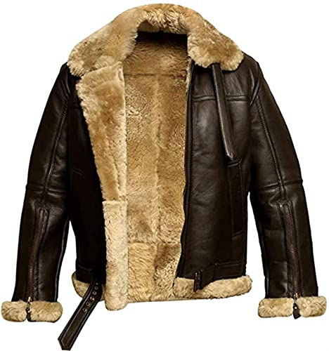 Yokbeer Herren braune Pilotenjacke aus echtem dickem Shearling Schaffell im...