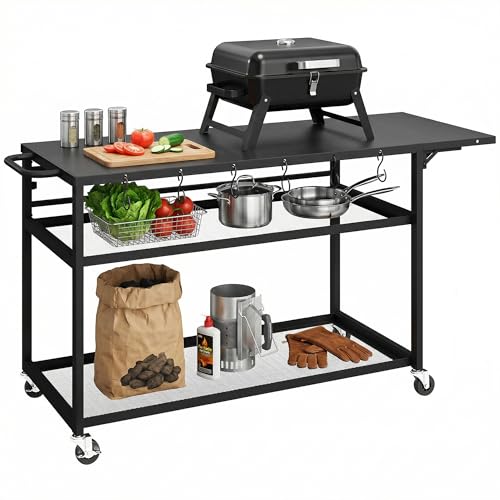 Outsunny Desserte Jardin Chariot de Barbecue sur roulettes îlot de Cuisine avec Plateau Latéral Pliable, Trois Étagères, Crochets et Poinége, 133 x 48,5 x...