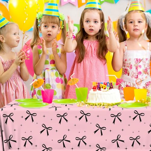 Image of 3Pcs Pink Bow Tablecloth,Black Bow Table Decor,Coquette Birthday Decorations Black,Disposable Waterproof Party Supplies for Girls Baby Shower,Bridal Shower,Bachelorette Party