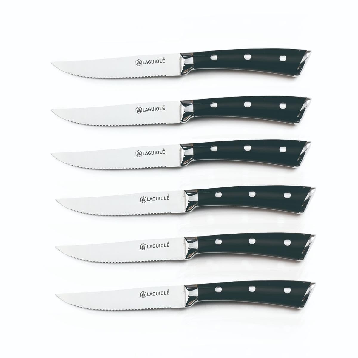 Set de 6 Couteaux à Steak en Acier Noir | 23,8 cm, lame acier 3CR13, manche ABS finition noire, tranchant durable, résistance corrosion, lavage manuel recommandé