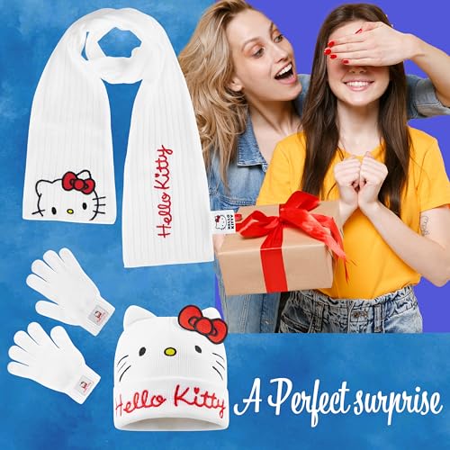 Hello Kitty Girls Hat Scarf And Gloves Set Winter Accessories Kawaii Cozy Warm 3 Piece, Anime Gifts for Girls.2