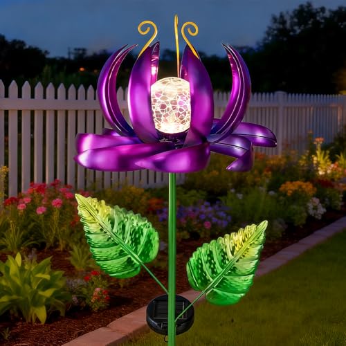 Image of Solar Yard Lights Wind Spinners- Metal Lotus Flower Garden Decor LED Crackle Glass Globe Yard Art Sculpture Solar Stake Lights for Patio Pathway Lawn Walkway (Purple-Large)