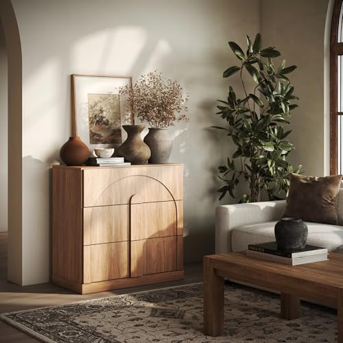 Image of BELLEZE Sideboard Cabinet with 3 Drawers, Modern Wood Buffet Cabinet with Arc Design, Large Fluted Sideboard with Storage for Kitchen Living Room Entryway, Camel