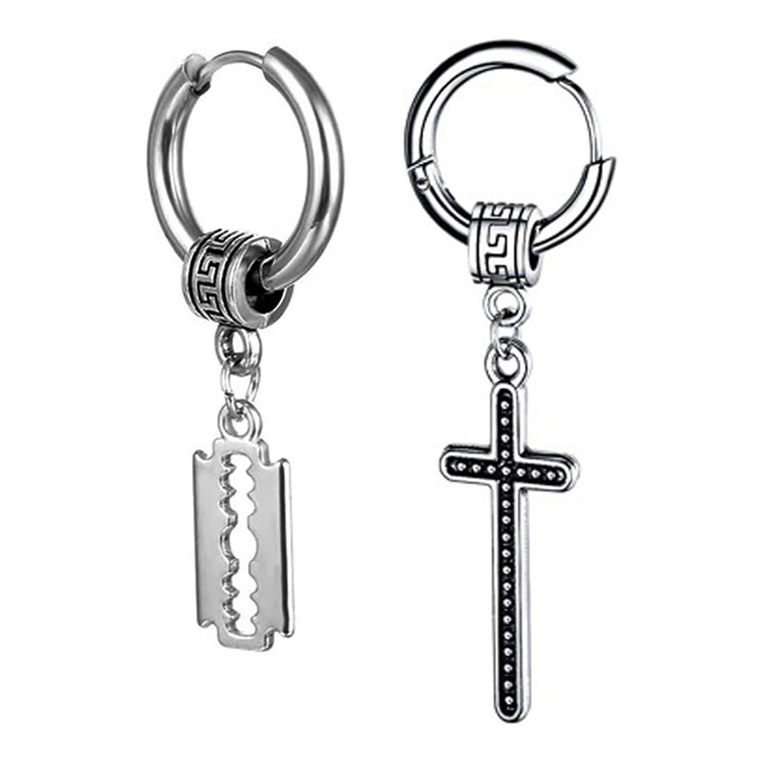 m men style Men Razor Blade Dangle Huggie Punk With Christ Jesus Cross Dangle Hoop Studs Silver Stainless Steel Hoop Earrings-picture-45