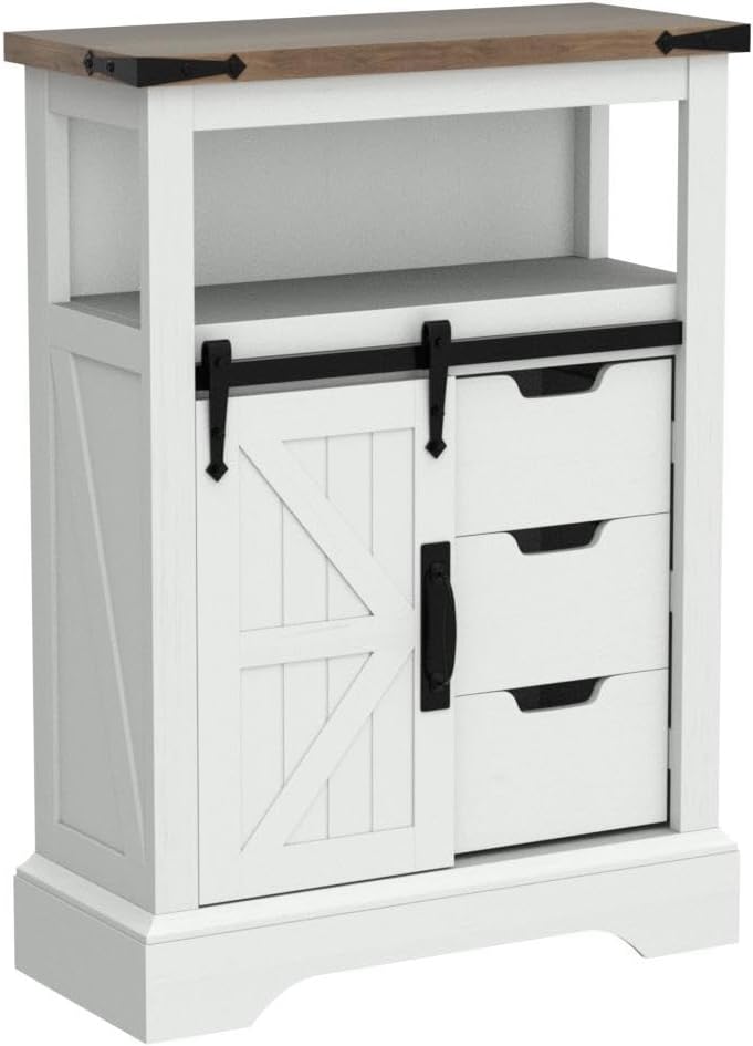 OKD Farmhouse Storage Cabinet with Sliding Barn Door & Drawers, Small Rustic Oak with Antique White for Bathroom, Kitchen, Living Room