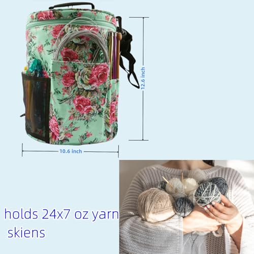 Image of WAZAIGUR Green Flowers Pattern Large Capacity Multifunctional Crocheting Knitting Project Bag Strong Yarn Storage Organizer Bag Tote Travel Crochet Needles Bag
