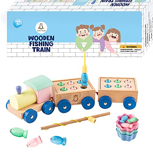 SSol & Sam Wooden Fishing Train Set - 2 in 1 Magnetic Fishing Toy and Toy Train - Fishing Toy & Train Toy for Toddlers and Kids Aged 3 & Up