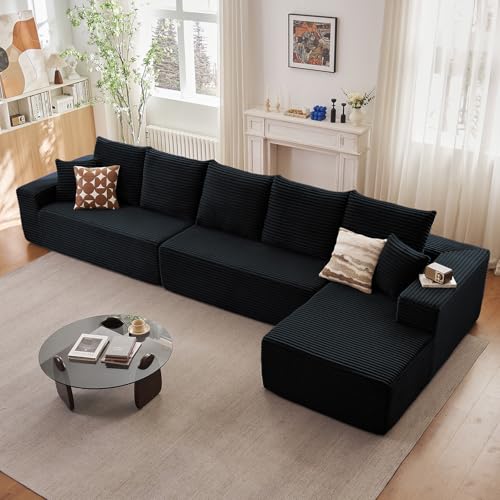 Image of 166.9 inch Cloud Sectional Couch with L-Shape Chaise, Upholstered Corduroy Couches Sleeper with Deep Seat, Modern Modular Comfy Sofa Chaise Longue for Living Room Bedroom, No Assembly Required, Black