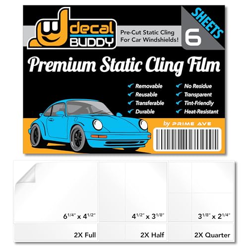 Prime Ave Windshield Sticker Decal Shield for Easy Application, Removable & Reuseable | No Residue Mess | Optical Clarity | 6 Sheets w/ 3 Pre-Cut Sizes (1 Pack - 6 Sheets with 3 Precision-Cut Sizes)