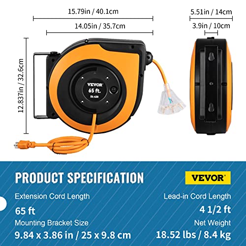 Vevor RETRACTABLE EXTENSION CORD REEL, 65 FT Heavy Duty 12Awg/3C Sjtow Power Cord thumb #6