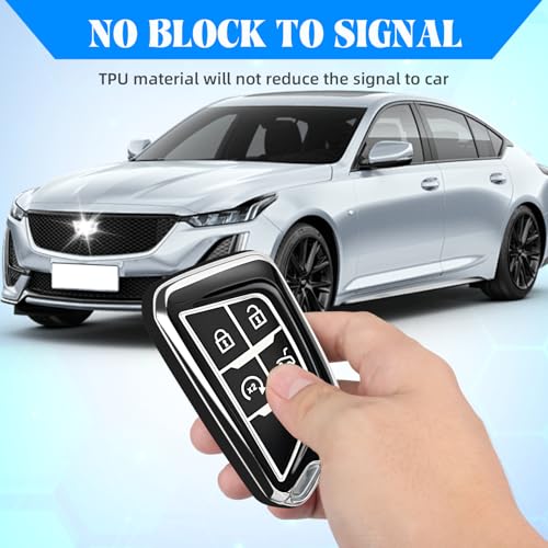 Image of QBUC for Cadillac Key Fob Cover with Leather Keychain (Chrome Trim Black) | Soft TPU Protection Case Compatible with 2020-2026 Cadillac Escalade Lyriq Optiq 5-Buttons