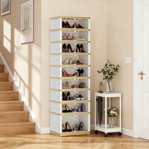 Image of SYNCVIBE Shoe Rack Organizer for Closet Entryway Foldable Sneaker Storage Shoe, Collapsible Shoe Cabinet, Stackable Shoe Storage Cabinet with Lids for Living Room (9 Tiers -18 Pairs White Gold)