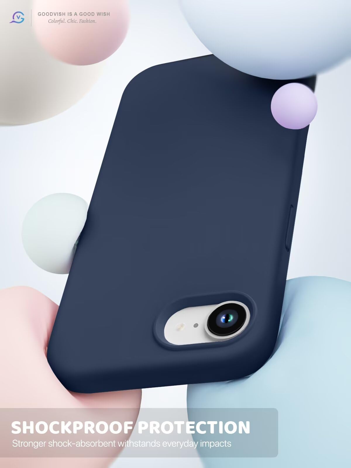 GOODVISH 3 in 1 Silicone Cover per iPhone 16e 6.1", Custodia con 2 Pellicola Vetro Temperato [Protezione Fotocamera] Protezione Anticaduta Case per Cellulare Antiurto Resistente, Blu Navy