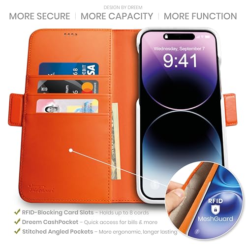 Image of dreem Fibonacci Compatible with iPhone 14 Pro Wallet case / 2-in-1 Shockproof case and Detachable Vegan Leather Folio, MagSafe Compatible, RFID Protection [Orange]