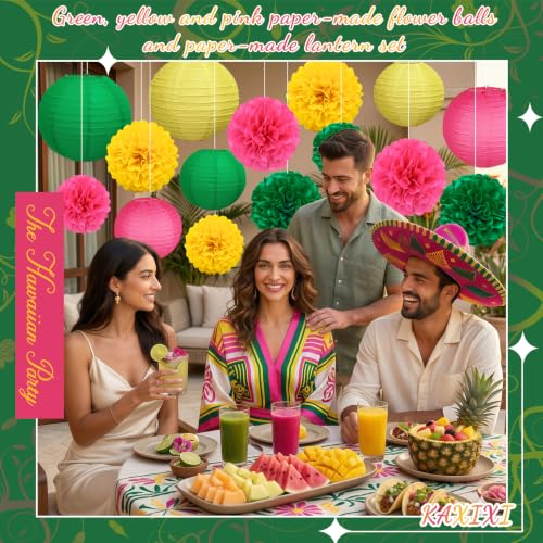 Image of KAXIXI 15-Piece Rose Red, Green & Yellow Paper Lanterns Pom Poms