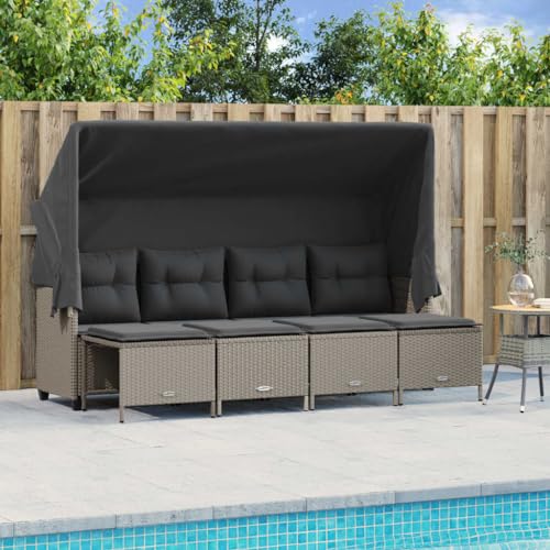 Homgoday 5-TLG. Gartensofa 4-Sitzer mit Dach Gartenlounge Balkonmöbel Gartenmöbel Loungemöbel Sitzgruppe Loungesofa Sofagarnitur mit Fußhocker Hellgrau Poly Rattan