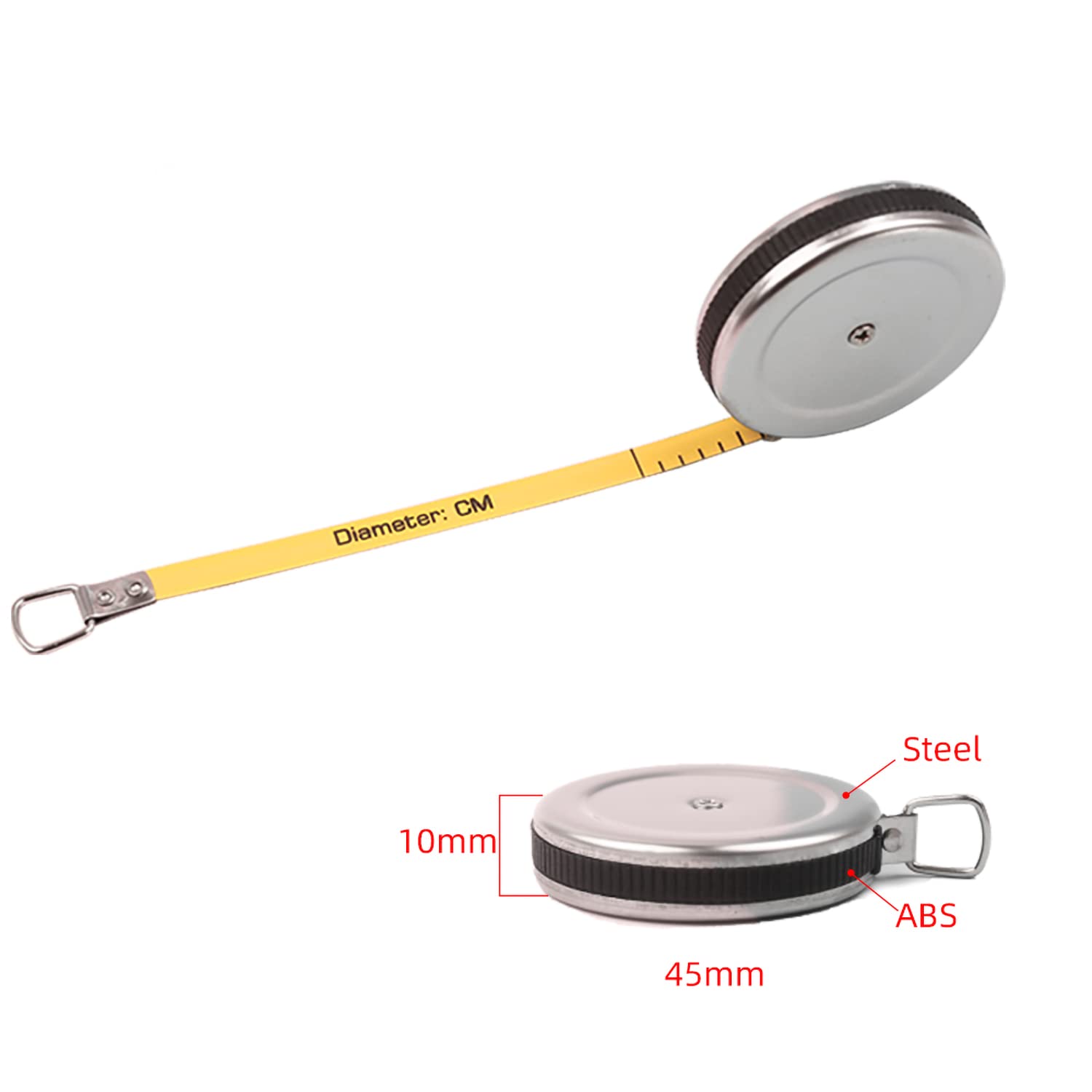 WINTAPE Cinta Métrica de 2 m, Cuerpo de 200 cm Con Bobinado Automático, Para Medir Diámetro en mm (Carcasa de Metal Plateado)