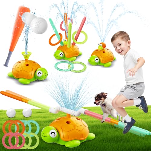 4-in-1 Turtle Water Sprinkler Toys for Kids - Summer Oudoor Toy with Baseball Ringtoss Tubes - Outside Yard Lawn Backyard Park Garden Pool Games for...
