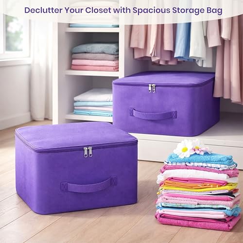 Image of Storite 2 Pack Nylon Wardrobe Bag Underbed Moisture Proof Cloth Storage Organizer, Storage box for Clothes Saree Bags with Zippered Closure & Handle (Purple, 37x35x23 cm) Square