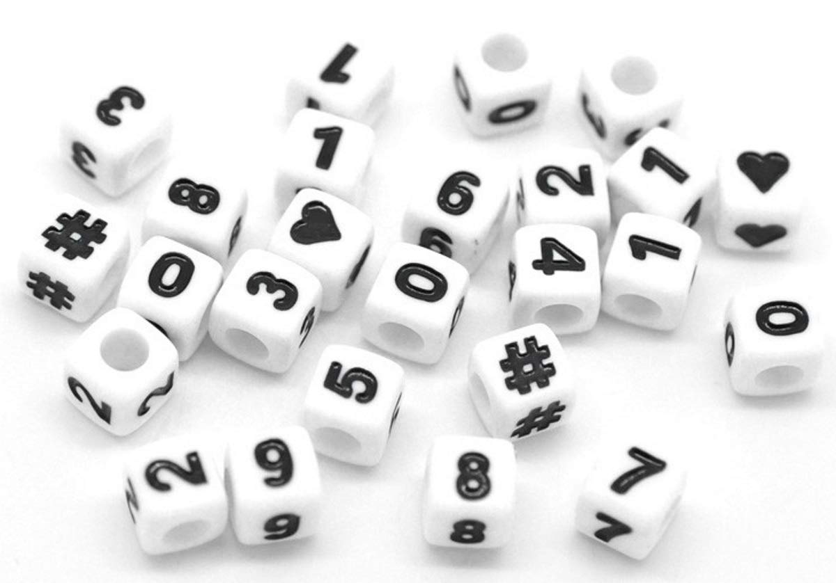 Sadingo Number Beads, 7 x 7 mm, 300 Pieces, Black and White Cube Beads, Square Number Beads, Bead Mix with Heart and Hashtag, Craft Beads for DIY Jewellery and DIY Projects