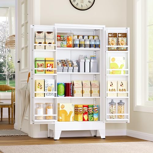Image of GAIOUS Metal Kitchen Pantry Cabinet, Storage Cabinets with 2 Door and 3 Adjustable Shelves, White Freestanding Food Storage Cabinet, Steel Cupboard for Kitchen Dinning Room