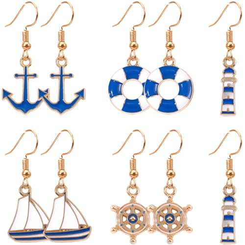 Liitata 5 paires de boucles d'oreilles nautiques avec motif d'ancre, boucles d'oreilles de plage, voilier, gouvernail pour femmes - Or