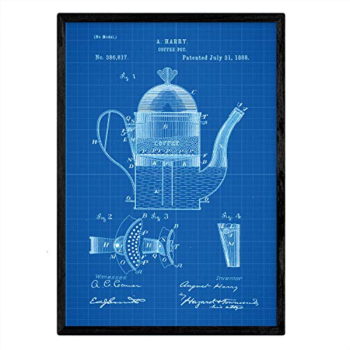 Nacnic Patent Poster with Coffee 1. Foil with old design patent in A3 size with blue background, Coffee Maker 1, 42L x 29.7W cm