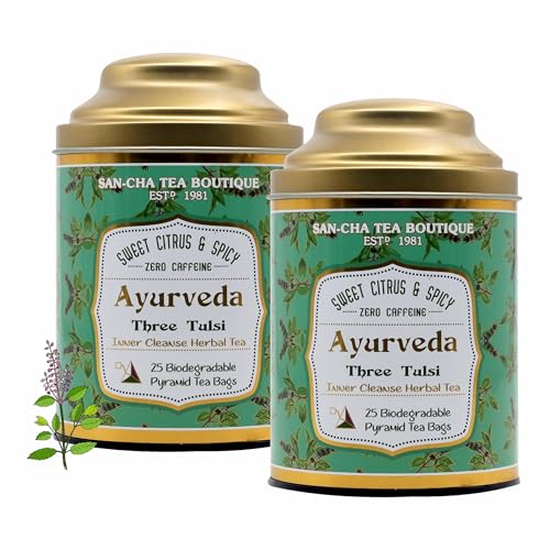 Image of Sancha Tea Boutique, Ayurveda Tulsi Blend - Rama, Shyama & Vana Tulsi, 25 Pyramid Bags x Pack of 2, Caffeine Free Herbal Tisane, Traditionally Valued for Balance & Wellness
