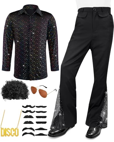 Mepase 70s Disco Outfit Costume for Boys Kids Bell Bottom Pants Disco Shirts for Halloween Dress Up(Black S(7-8years))