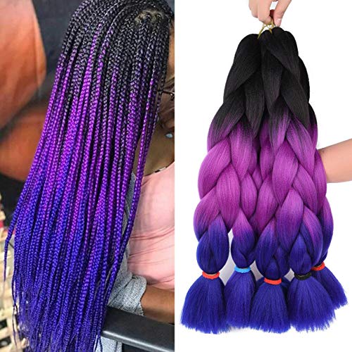 Kanekalon Jumbo Braiding Hair Synthetic Ombre Braids Hair Extensions 5Pcs Yaki Texture Twist Crochet Braid Hair 24 Inch 3 Tone 100g/pcs (24" 5pcs, black/purple red/blue)